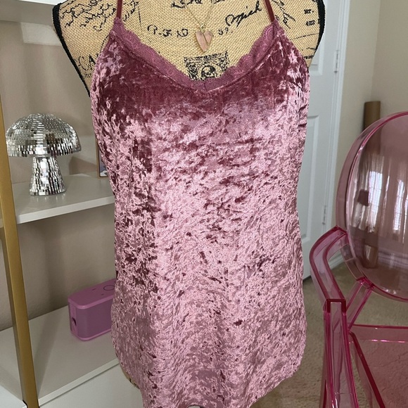 Velvet Lace Trim Cami Top - Pink - Picture 2 of 5